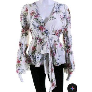 Intermix Deep V-Neck Long Bell Sleeves Elastic Waist Floral Blouse Size Small